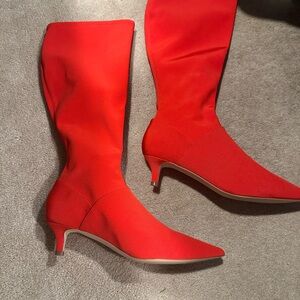 Boden Textile Stretch Knee Length Red Kitten Heel Pointy Toe Boots Size 9.5 M 41